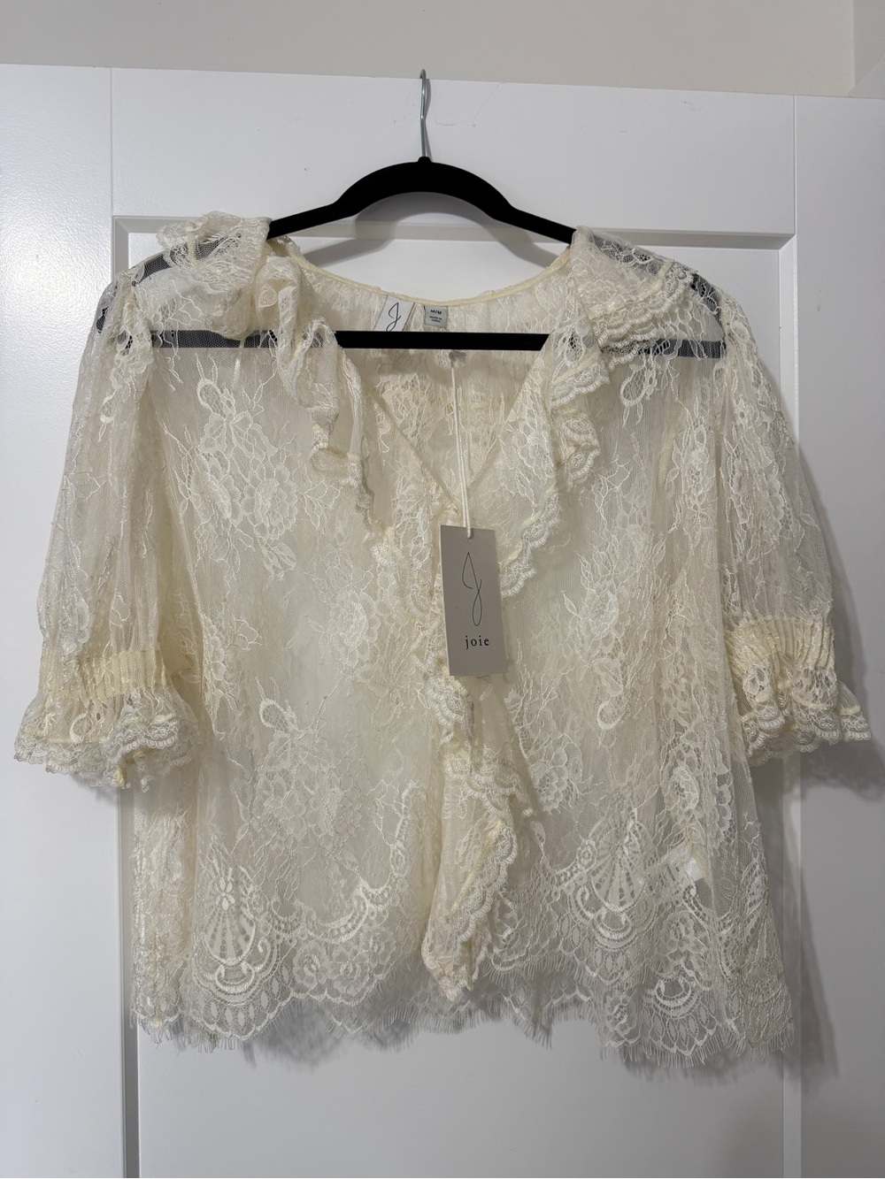 Joie Cream Lace Ruffle-Front Puff Sleeve Blouse - Picture 6 of 8